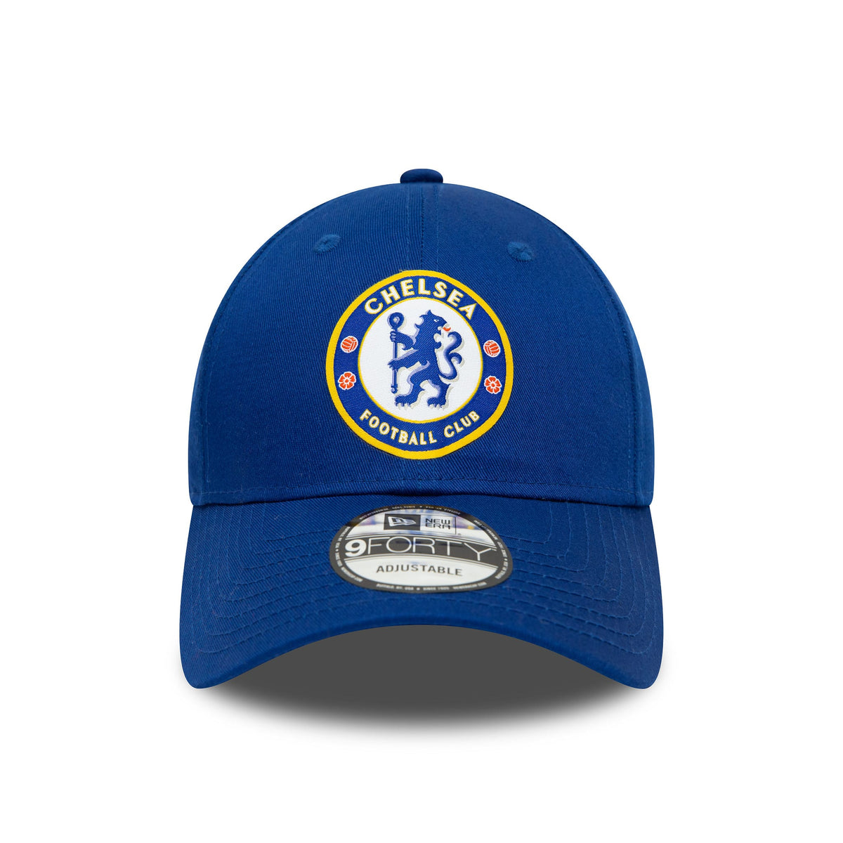Chelsea FC Blue New Era 9FORTY Adjustable Cap, front view showing the yellow and white embroidered Chelsea FC logo on the front panel, with a curved visor and 9FORTY size sticker centred on the blue visor.