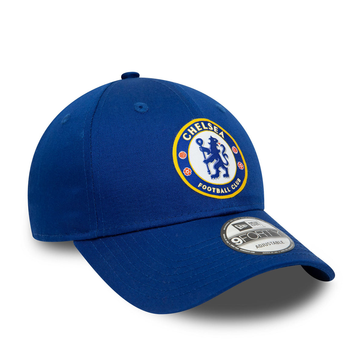 Chelsea FC Blue New Era 9FORTY Adjustable Cap, three-quarter view showing the embroidered Chelsea FC crest in white and blue on the front panel, with a curved visor featuring a 9FORTY size sticker on top.