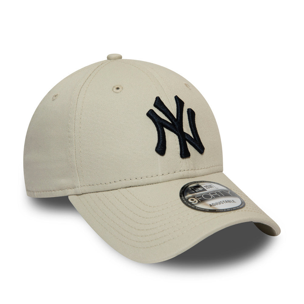 New York Yankees Essential Stone New Era 9FORTY Cap, three-quarter view showing the raised black embroidered NY logo on the front panel, a 9FORTY size sticker on the curved visor, and matching eyelets and top button.