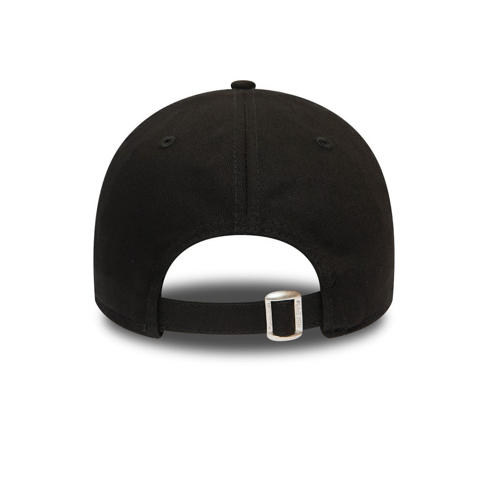 New York Yankees Essential Logo Black New Era 9FORTY Cap, rear view showing an open back design with an adjustable strap and metal buckle, complemented by a structured black crown and matching top button.