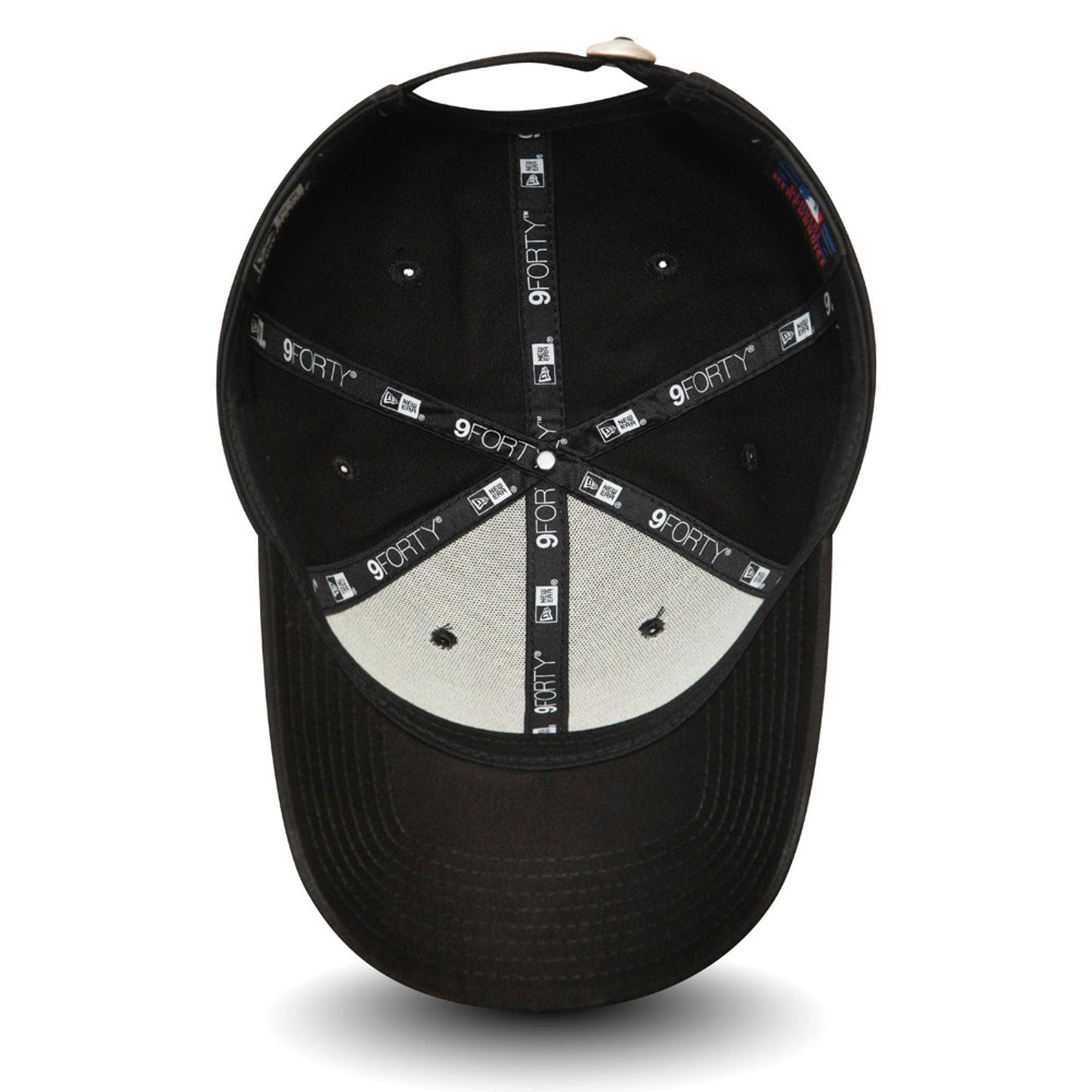 New York Yankees Essential Logo Black New Era 9FORTY Cap, inside view showing black taping with white 9FORTY branding across the seams, a grey sweatband surrounding the crown, and a black underside of the visor.