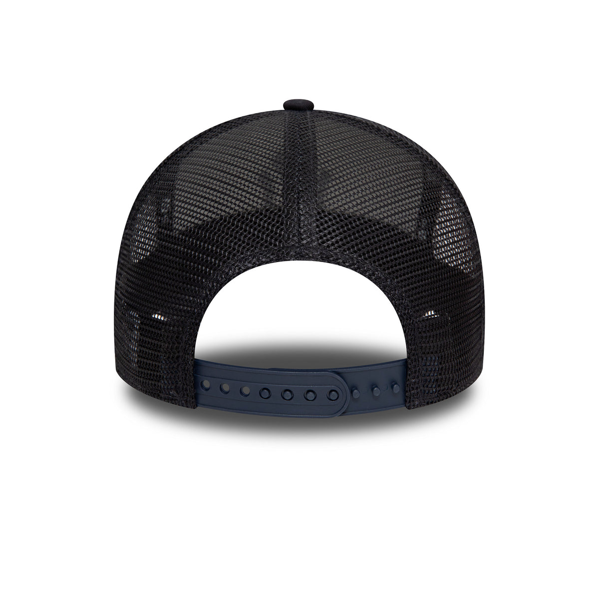 New York Yankees Team Colour White A-Frame Trucker Cap, rear view showing the black mesh panels and navy adjustable snapback closure, with a navy top button on the structured crown.