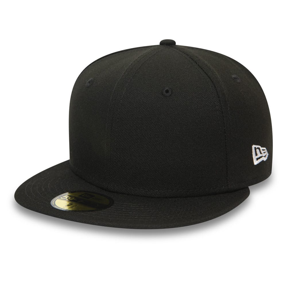 New Era Blank Essential Black 59FIFTY Fitted Cap, three-quarter view with white New Era flag logo on the left side, featuring a flat black visor and a gold 59FIFTY size sticker on top.