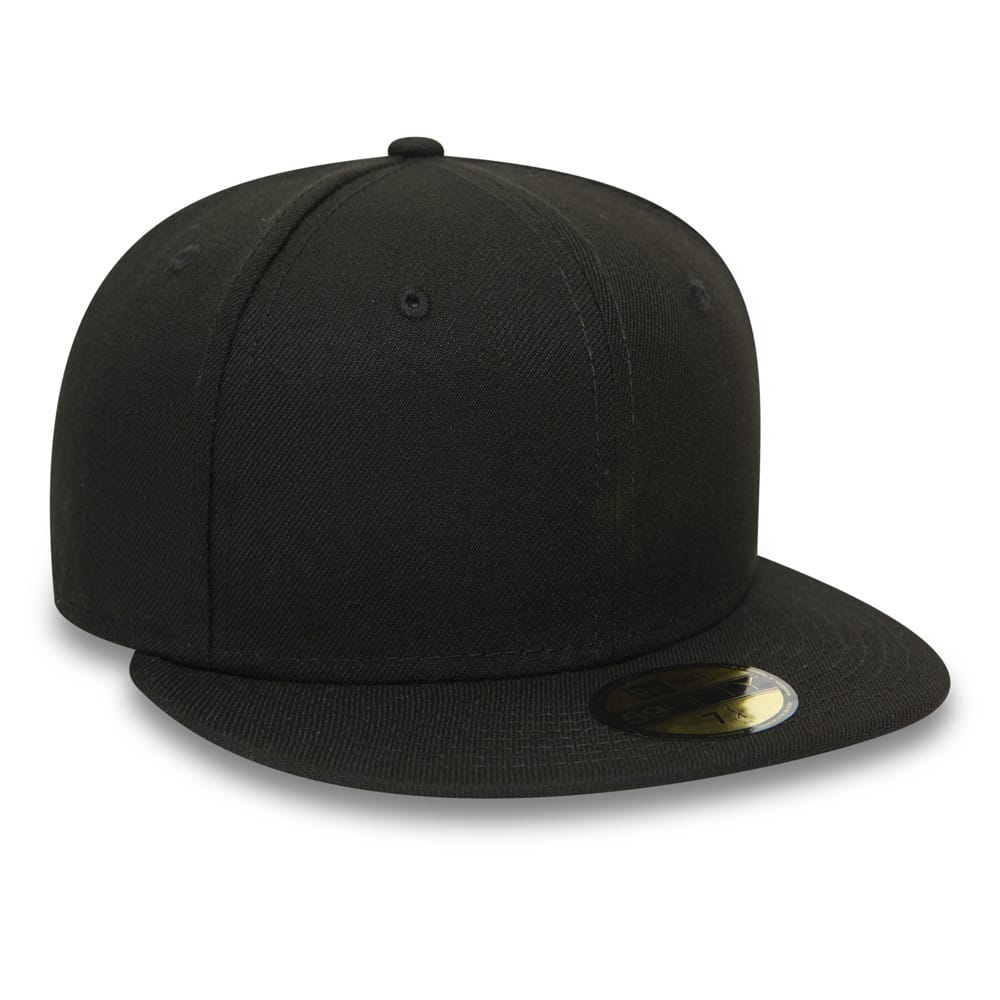 New Era Blank Essential Black 59FIFTY Fitted Cap, three-quarter view showing the structured black crown and flat black visor, complete with a gold 59FIFTY size sticker on top of the visor.
