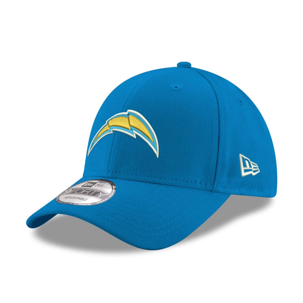 LA Chargers Blue New Era 9FORTY Cap, three-quarter view showing the raised yellow and white Chargers logo on the front panel, curved blue visor with a 9FORTY size sticker, and New Era flag logo on the left side.