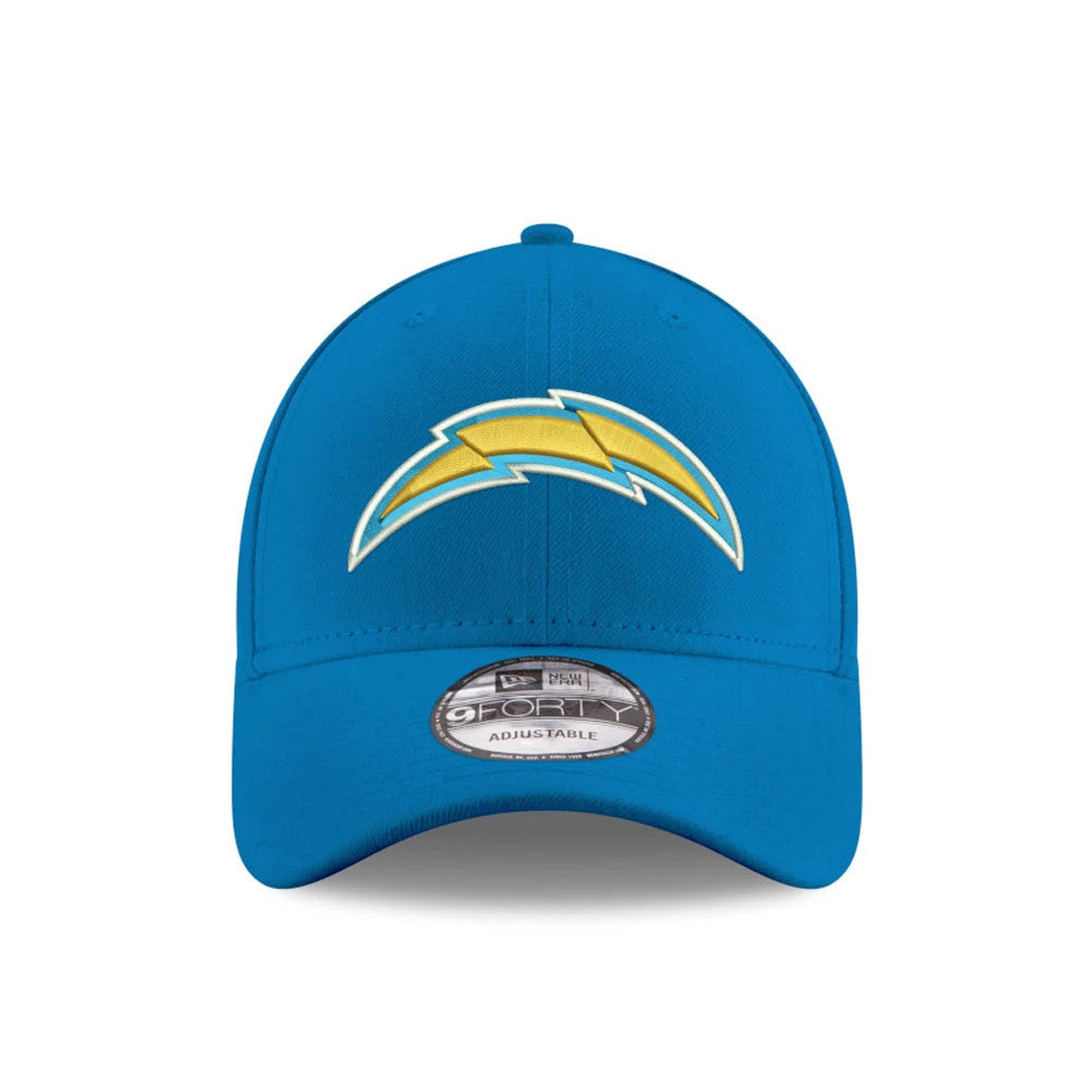 LA Chargers Blue New Era 9FORTY Cap, front view showing the raised yellow and white embroidered Chargers logo on the structured blue crown and a 9FORTY size sticker on the curved visor.
