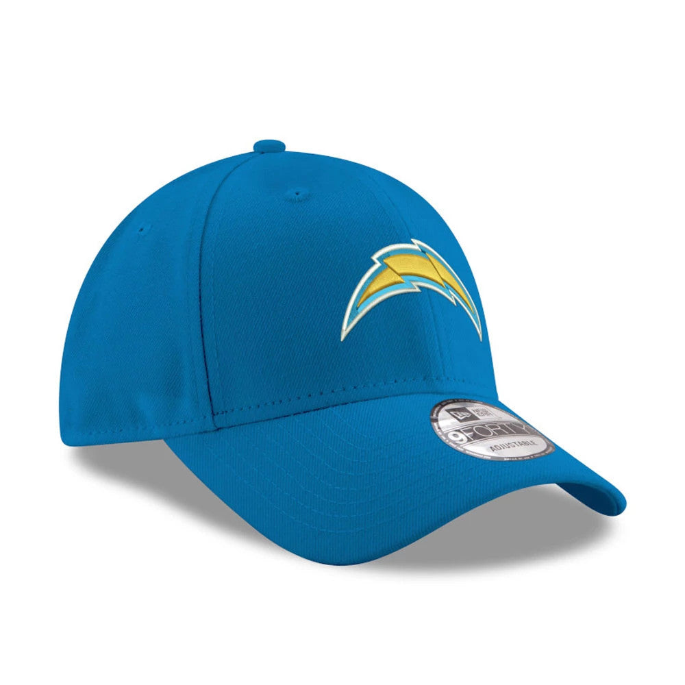 LA Chargers Blue New Era 9FORTY Cap, three-quarter view showing the raised embroidered yellow Chargers logo on the front panel and the 9FORTY size sticker on the curved blue visor.