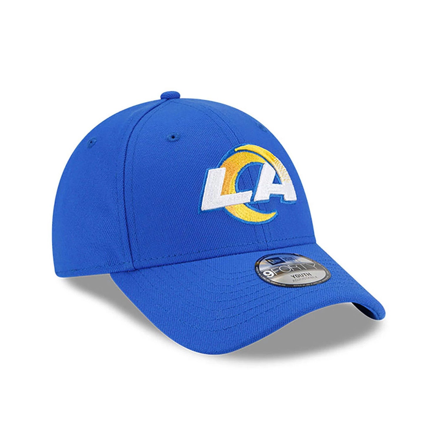 LA Rams Youth The League Blue New Era 9FORTY Adjustable Cap, three-quarter view showing the raised white and yellow embroidered LA logo on the front panel and a 9FORTY size sticker on the curved blue visor.