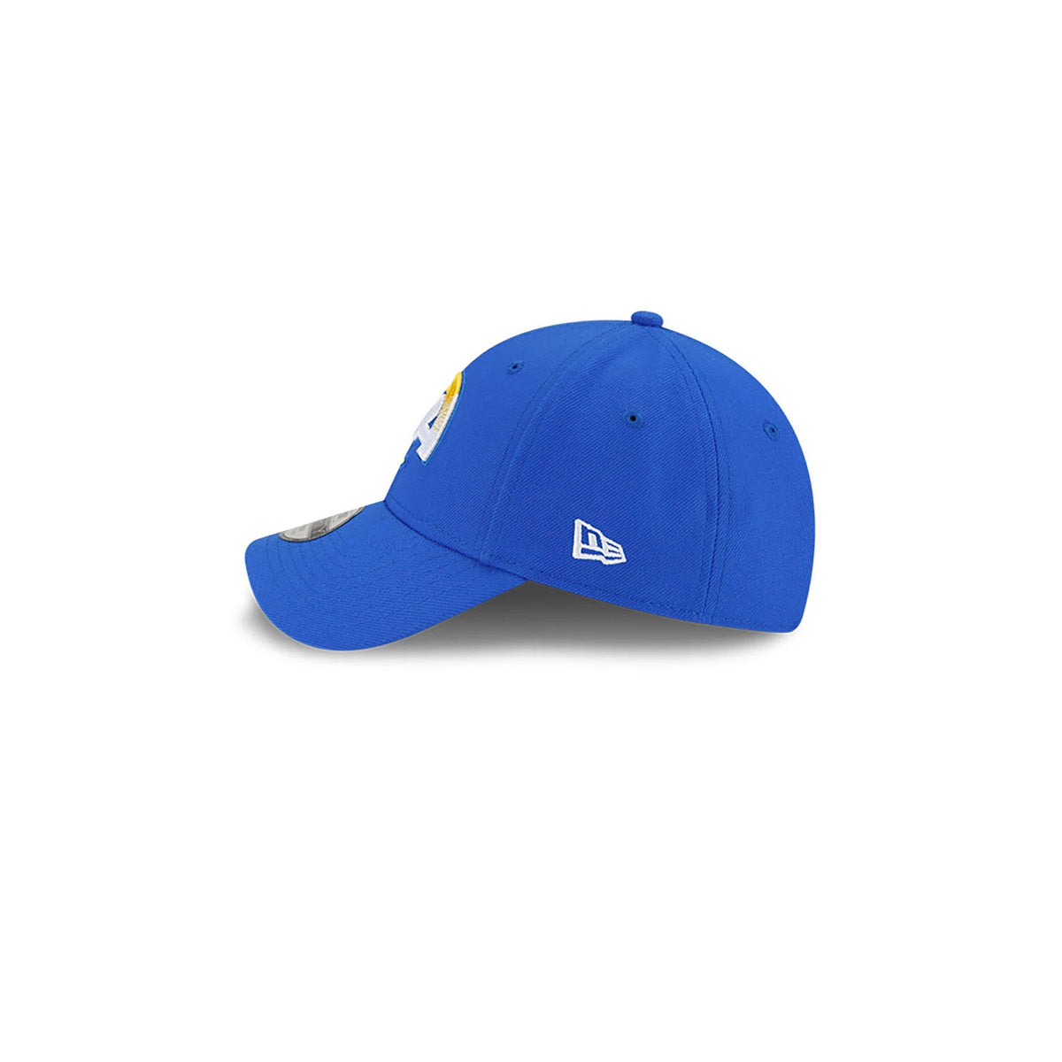LA Rams Youth The League Blue New Era 9FORTY Adjustable Cap, side view showing the raised white embroidered LA Rams logo on the structured blue crown, with the New Era flag logo on the left side.
