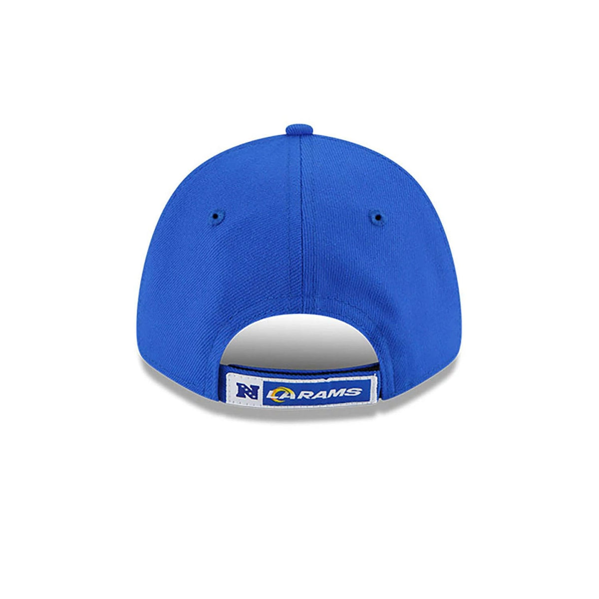 LA Rams Youth The League Blue New Era 9FORTY Adjustable Cap, rear view showing the LA Rams logo and NFC logo embroidered on the adjustable fabric strap, with a structured blue crown and blue top button.