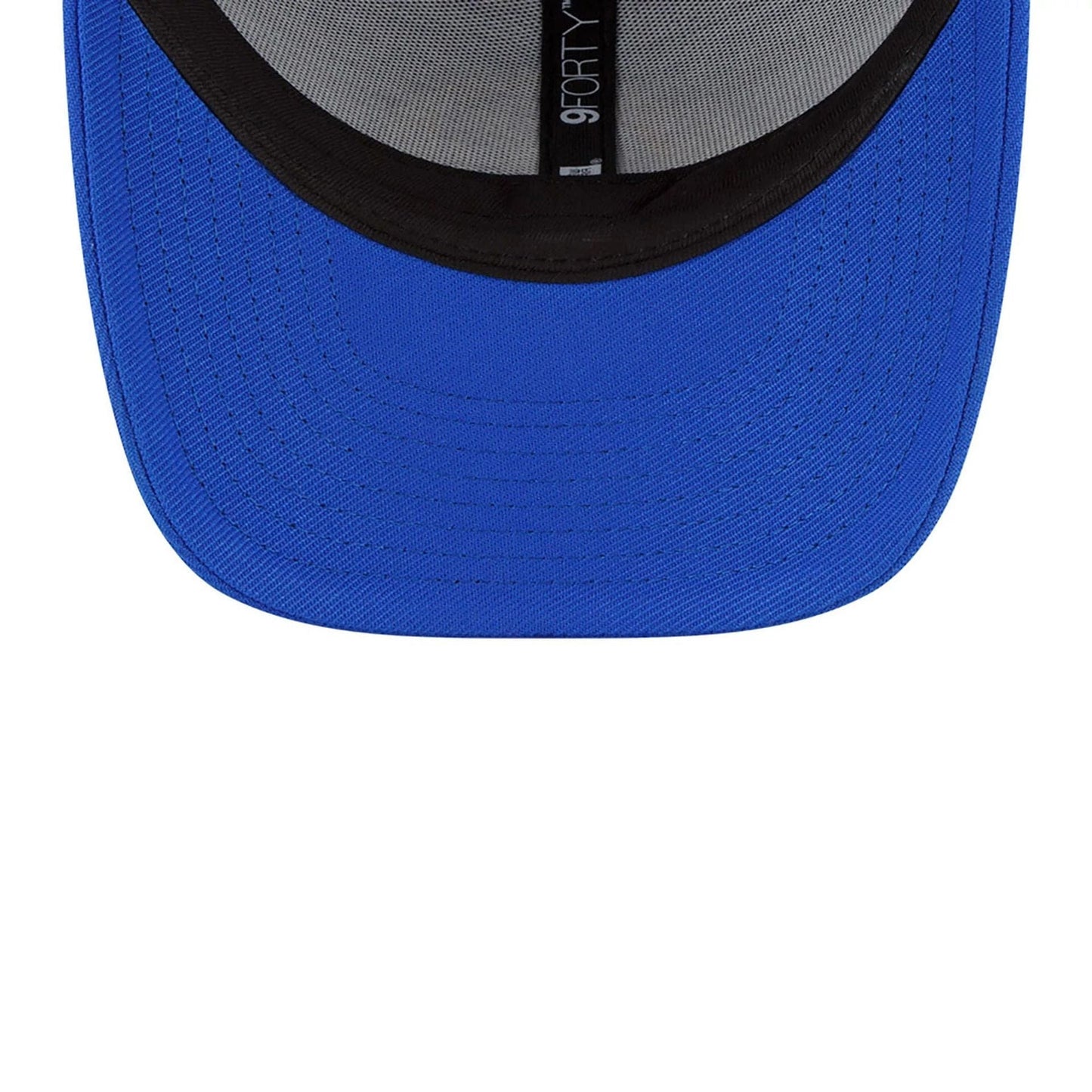 LA Rams Youth The League Blue New Era 9FORTY Adjustable Cap, inside view showing the black sweatband and grey taping with the 9FORTY label towards the back, highlighting the blue fabric of the visor's underside.