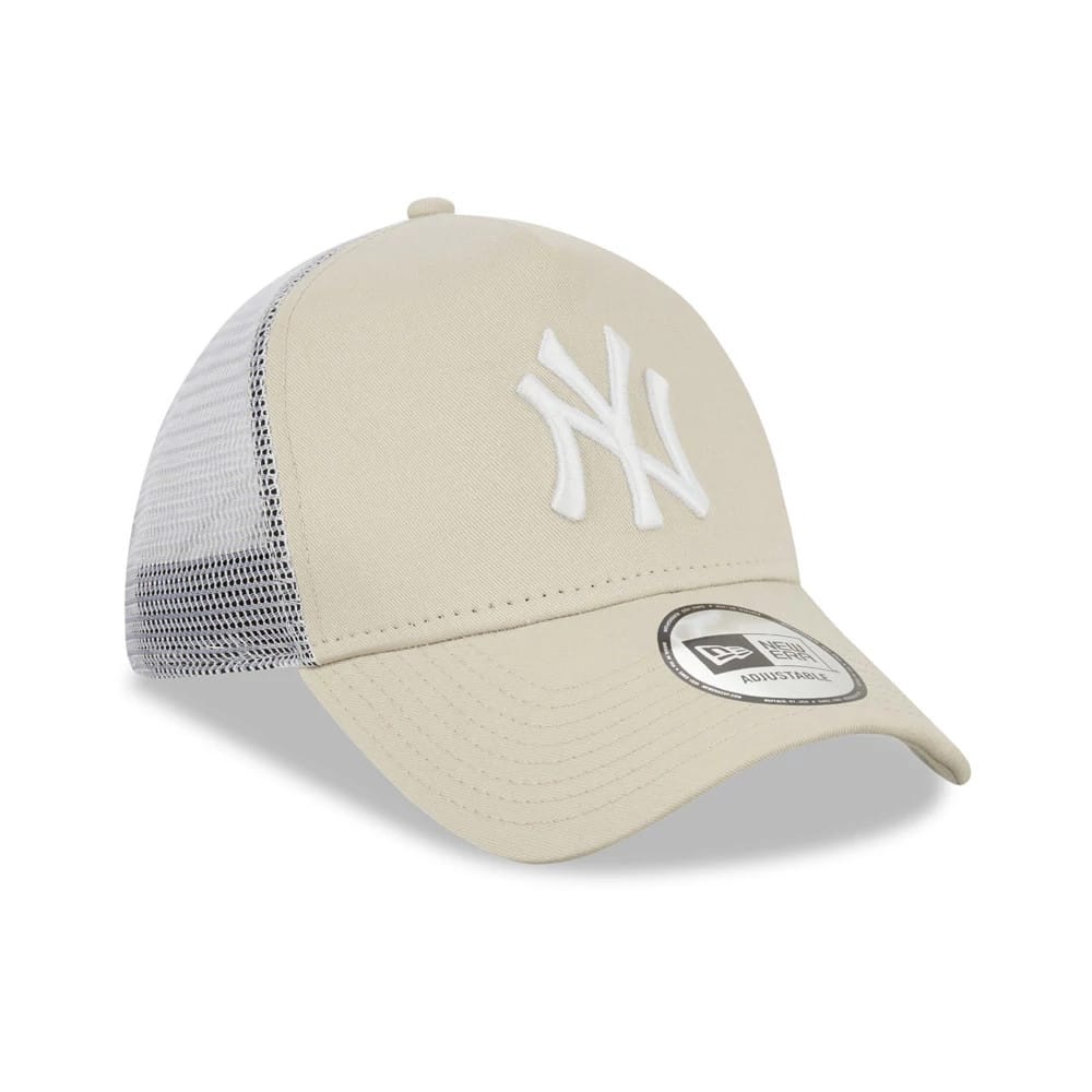 New York Yankees Stone New Era A-Frame Trucker Cap, front view showing the white raised embroidered NY logo on the stone front panel, with a curved visor and a New Era 9FORTY size sticker on top, mesh side and back panels.