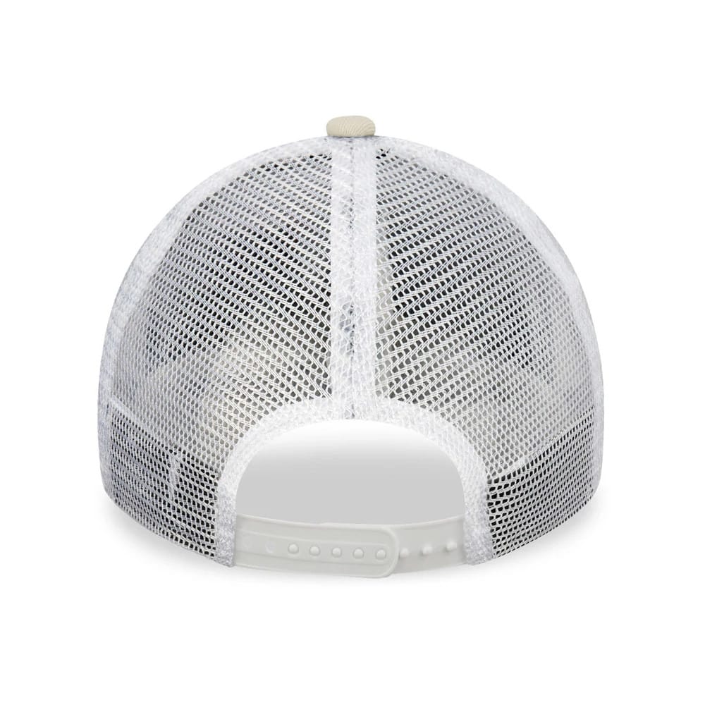 New Era New York Yankees Stone A-Frame Trucker Cap, rear view showing white mesh back panels, a stone-coloured top button, and an adjustable plastic snap closure at the base of the crown.