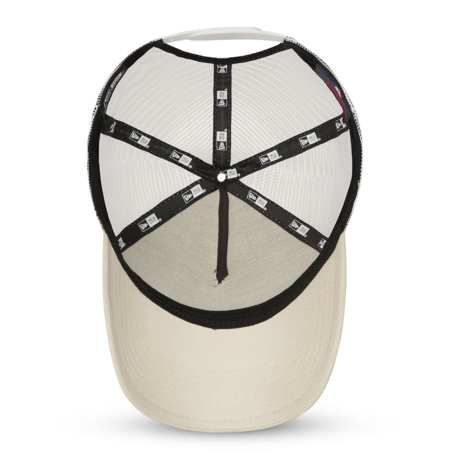 New York Yankees Stone A-Frame Trucker Cap, inside view showing the black taping with New Era logos, a white sweatband, and a beige undervisor, with the structured crown featuring a top button.