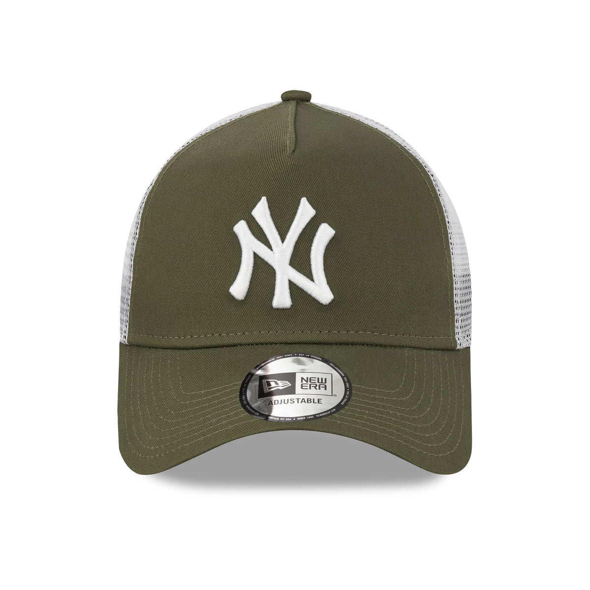 New York Yankees Khaki New Era A-Frame Trucker Cap, front view showing a raised white embroidered NY logo on the khaki front panel, with a curved visor and an adjustable sticker at the centre of the visor.
