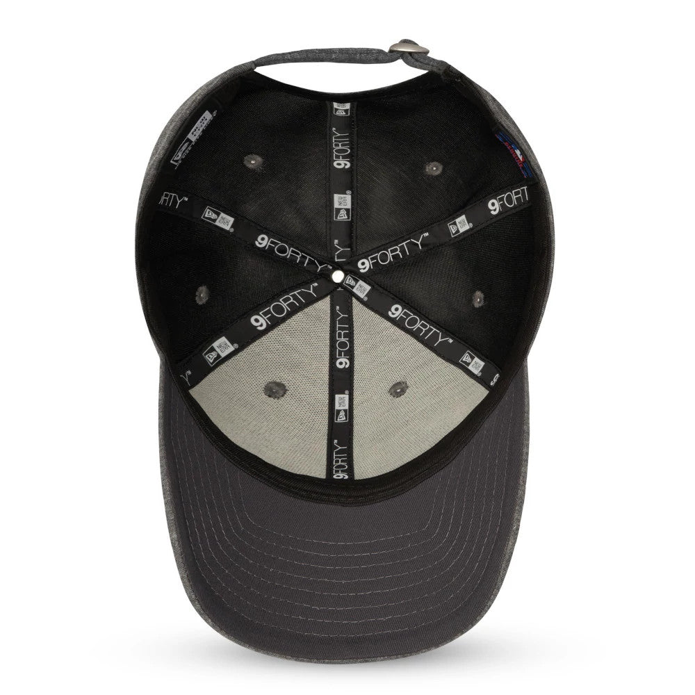 New York Yankees Jersey Grey New Era 9FORTY Cap, inside view showing the grey undervisor, black New Era taping with white logos, and a black sweatband around the structured inner crown above the grey visor.