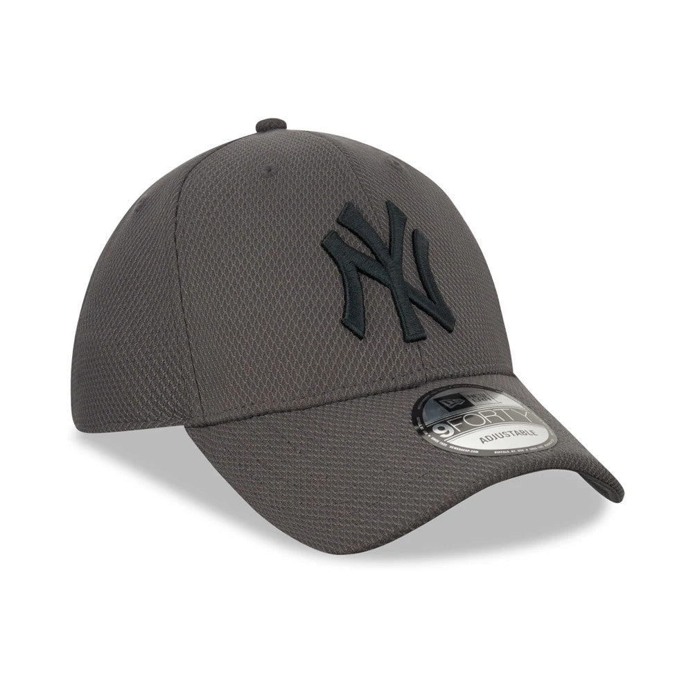 New York Yankees Grey New Era 9FORTY Cap, front view showing a raised black embroidered NY logo on the structured grey crown, with a slightly curved visor and a 9FORTY size sticker on top.