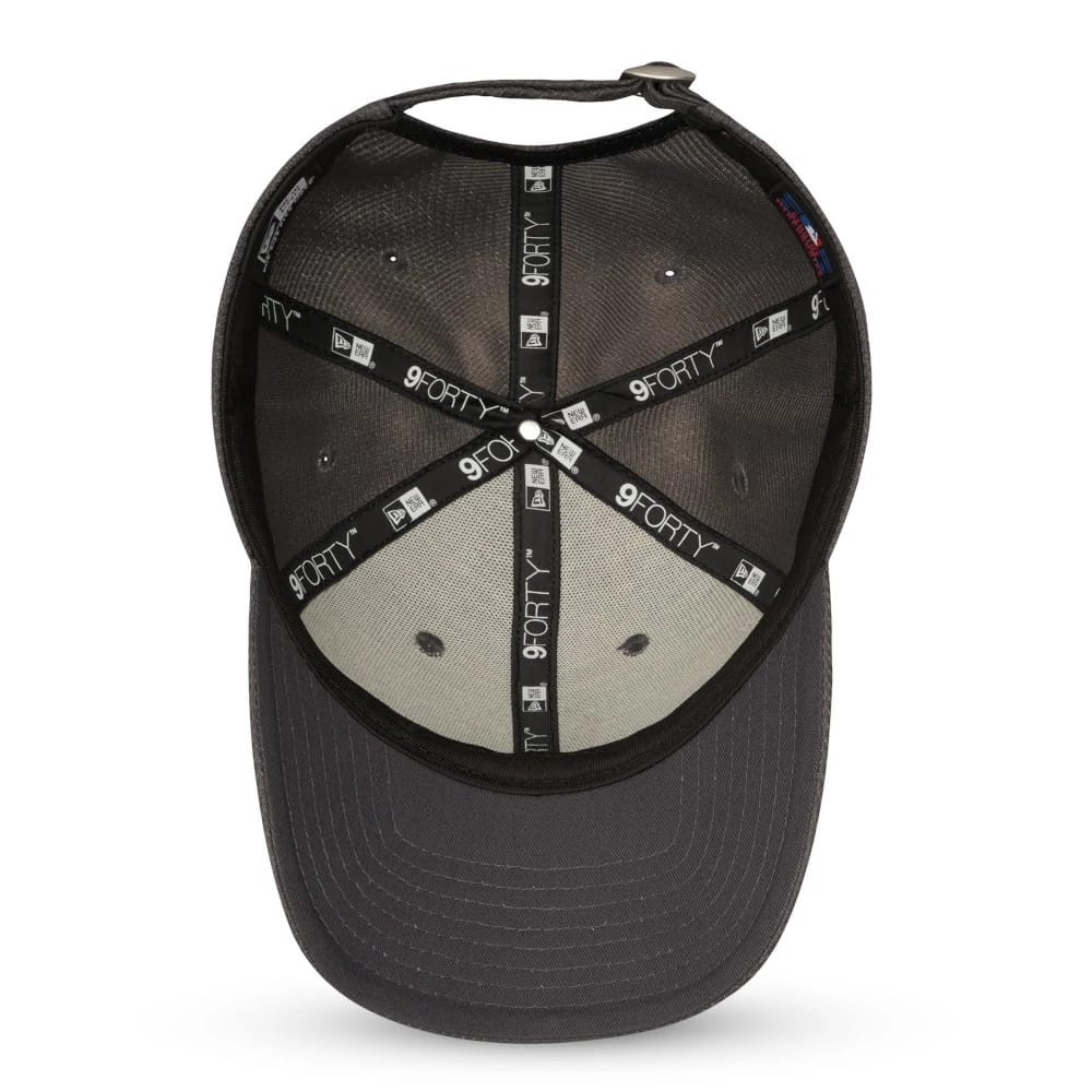 New York Yankees Grey New Era 9FORTY Cap, inside view showing black taping with white 9FORTY branding and an adjustable strap at the back, with a grey undervisor and embroidered eyelets on the crown.