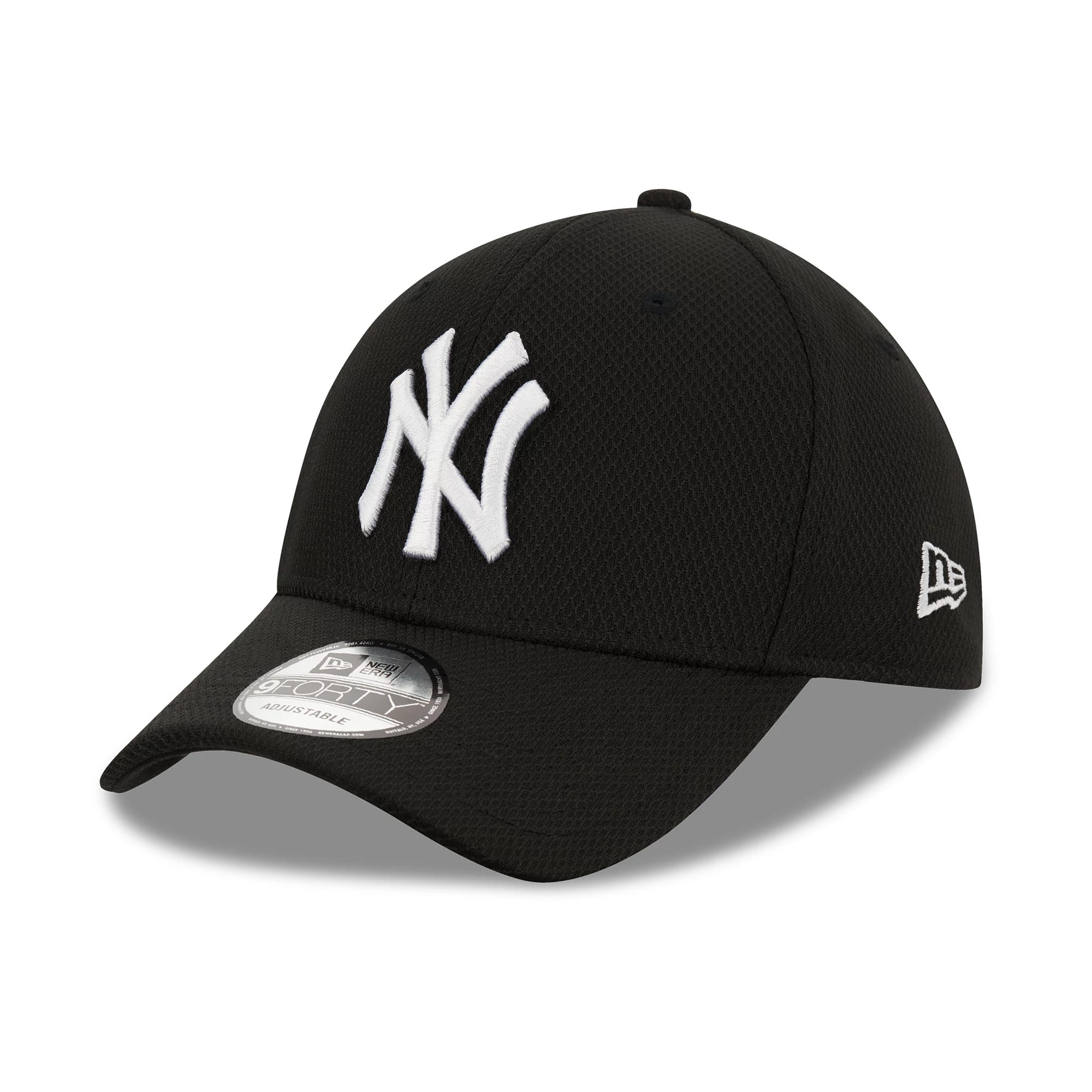 New York Yankees Black New Era 9FORTY Cap, three-quarter view showing the raised white NY logo on the front panel, a curved visor with a 9FORTY size sticker, and the New Era flag logo embroidered on the left side.