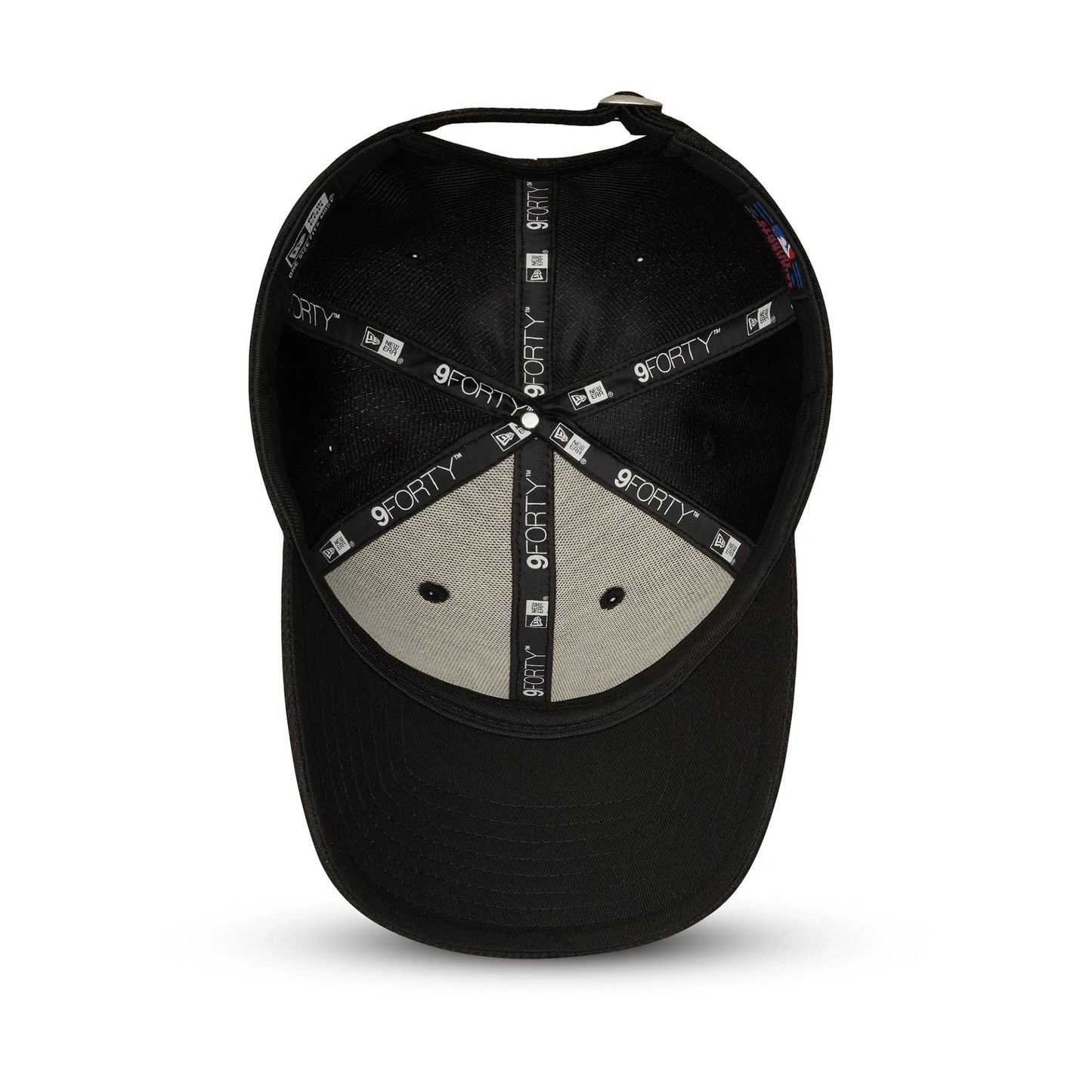 New York Yankees Black New Era 9FORTY Cap, inside view showing branded black taping with white 9FORTY text, grey undervisor and black sweatband, with embroidered eyelets on the structured black crown.