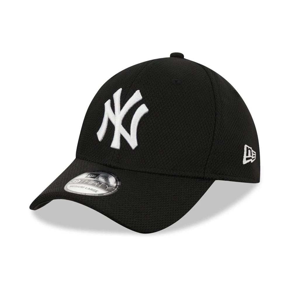 New York Yankees Black New Era 39THIRTY Cap, front view showing the raised white embroidered NY logo on the black structured crown with a curved visor, New Era flag logo on the left side, and 39THIRTY size sticker on the visor.
