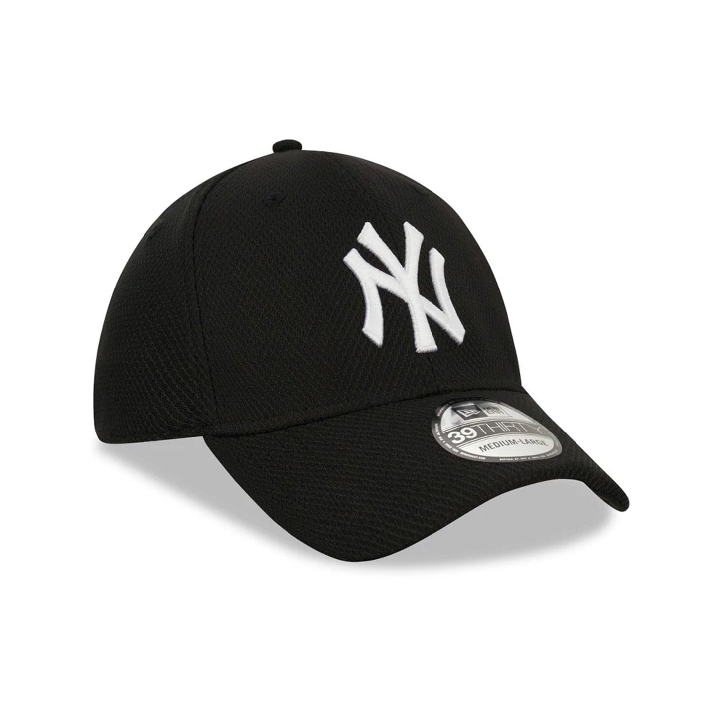 New York Yankees Black New Era 39THIRTY Cap, three-quarter view with a white raised embroidered NY logo on the front panel, curved black visor, and 39THIRTY size sticker on top of the visor.