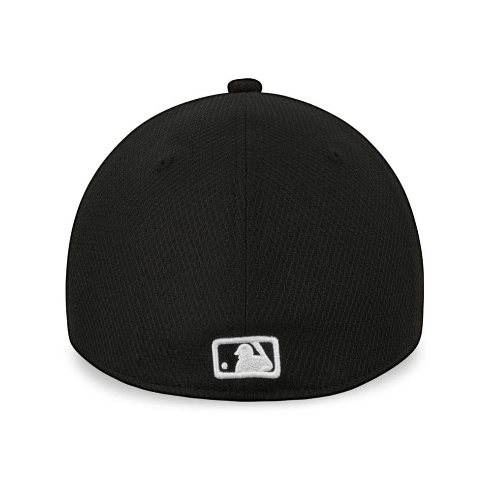 New York Yankees Black New Era 39THIRTY Cap, rear view showing the white embroidered MLB Batterman logo centred low on the structured black crown with a subtly textured finish and tonal eyelets.