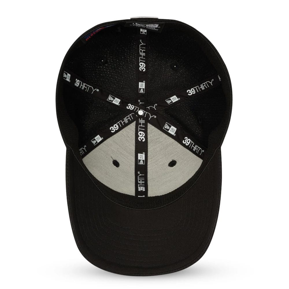 New York Yankees Black New Era 39THIRTY Cap, inside view showing the grey undervisor with black taping, featuring 39THIRTY and New Era logos, along with a size sticker on the underside of the visor.
