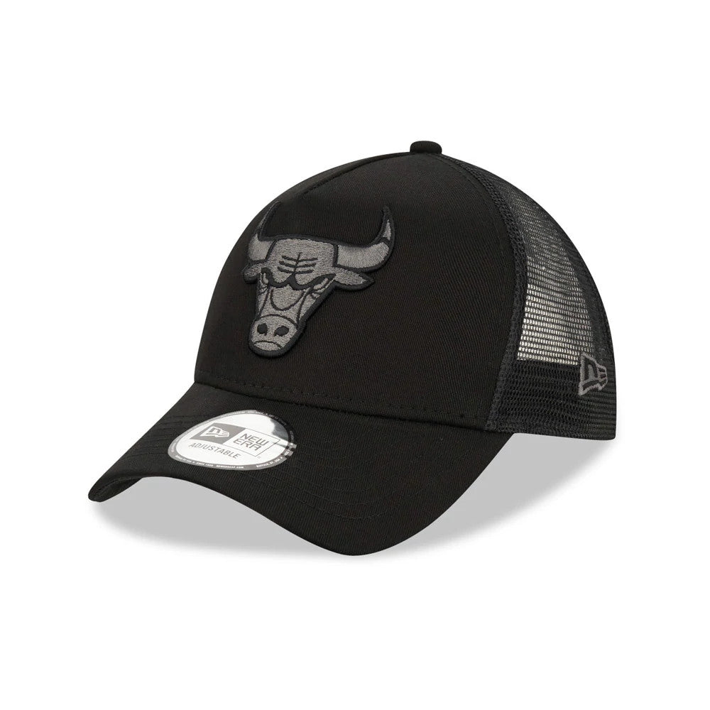 Chicago Bulls Tonal Black New Era A-Frame Trucker Cap, three-quarter view showing a raised grey Bulls logo on the front panel, with mesh back panels and the New Era flag logo on the left side above the 9FORTY size sticker.