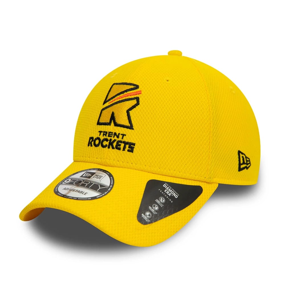 Diamond Era Trent Rockets Yellow New Era 9FORTY Adjustable Cap, three-quarter view showing black raised embroidered K logo with stripes on front panel, black New Era flag logo on left side, and 9FORTY size sticker on the yellow visor.