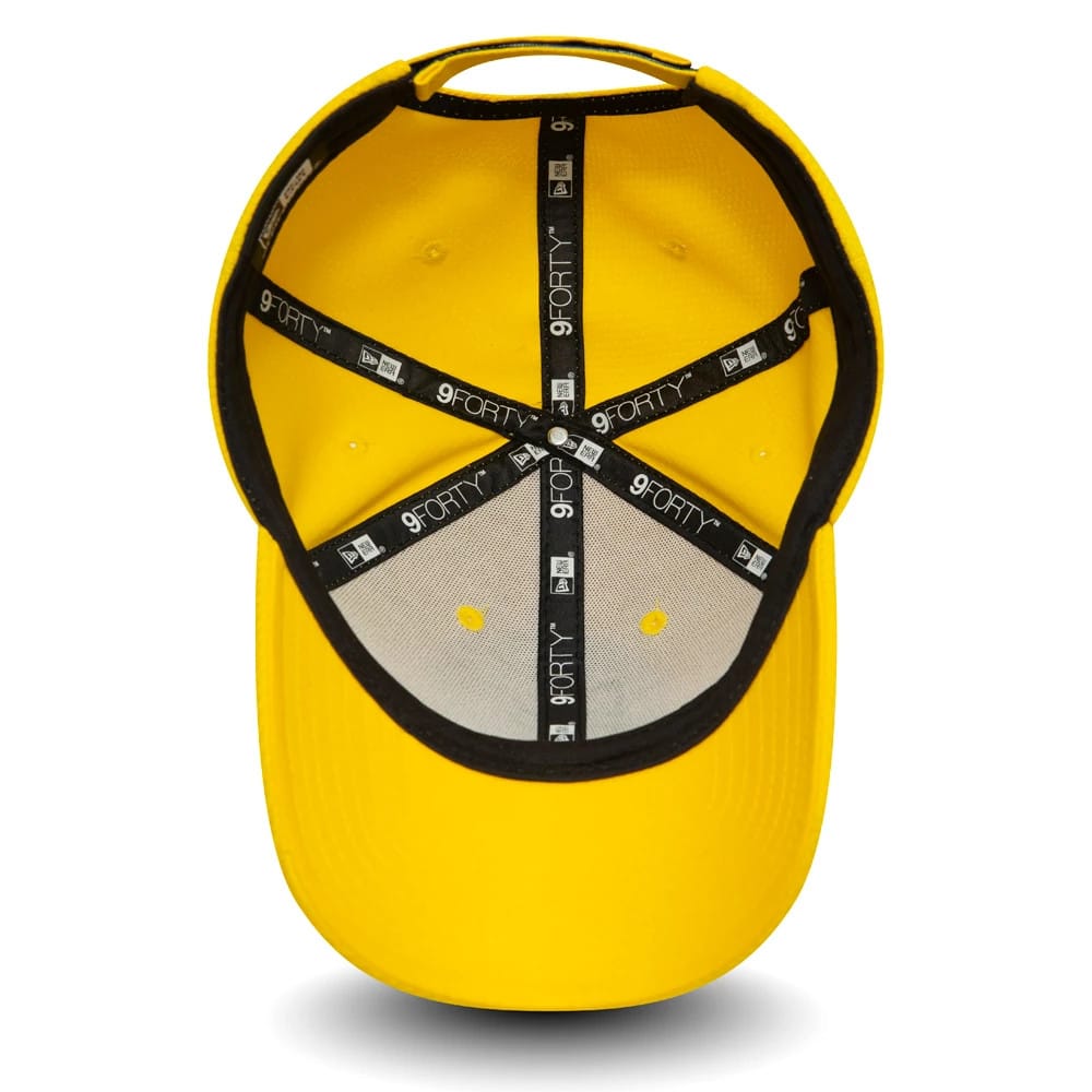 Diamond Era Trent Rockets Yellow New Era 9FORTY Adjustable Cap, inside view showing black taping with white 9FORTY logos and a grey undervisor, highlighting the cap’s structured six-panel design with black sweatband.