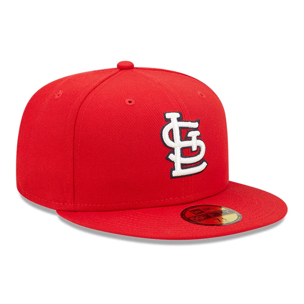St. Louis Cardinals Authentic On Field Game Red New Era 59FIFTY Cap, three-quarter view showing the white and navy embroidered STL logo on the front panel, with a matching red visor and gold 59FIFTY size sticker on top.