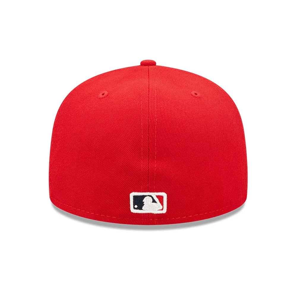 St. Louis Cardinals Authentic On Field Game Red New Era 59FIFTY Cap, rear view showing the white embroidered MLB Batterman logo centred at the back of the structured red crown with a matching red top button and eyelets.