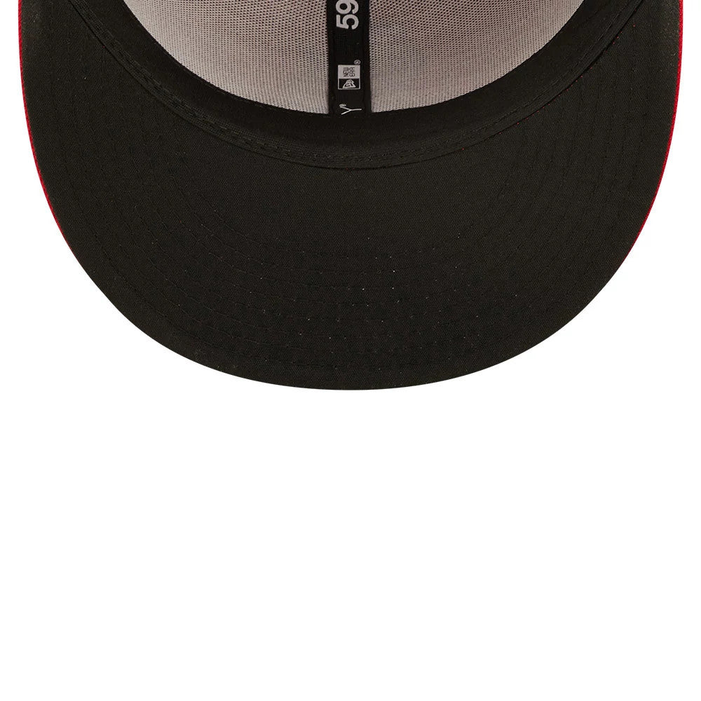 St. Louis Cardinals Authentic On Field Game Red New Era 59FIFTY Cap, inside view showing the black undervisor, black taping with white 59FIFTY branding and the red stitching on the edge of the visor.