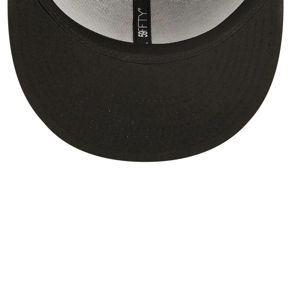 San Francisco Giants Authentic On Field Game Black New Era 59FIFTY Cap, inside view showing the black undervisor, grey sweatband, and New Era 59FIFTY taping running along the top of the panel seams.