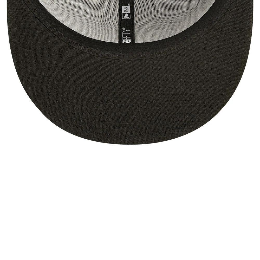 Pittsburgh Pirates Authentic On Field Game Black New Era 59FIFTY Cap, inside view showing black taping with white 59FIFTY branding, white mesh sweatband, and black undervisor, highlighting the interior construction of the cap.
