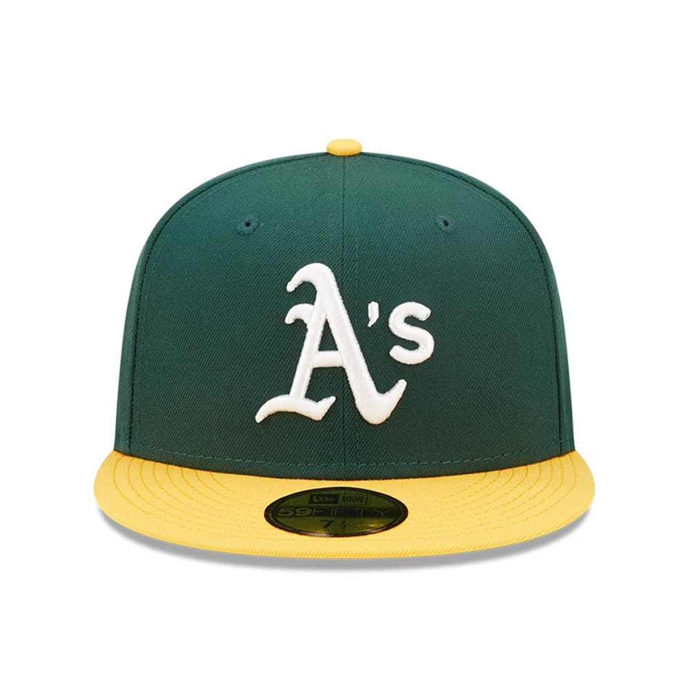 MLB Athletics Authentic On Field Dark Green New Era 59FIFTY Fitted Cap, front view showing white raised embroidery of the A's logo on the dark green crown, finished with a contrasting yellow visor and a gold 59FIFTY size sticker.