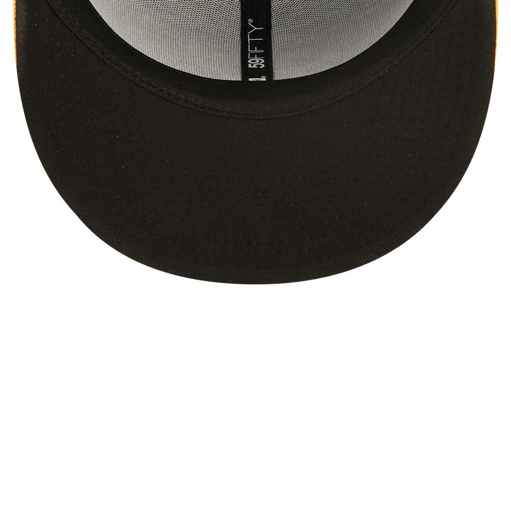 MLB Athletics Authentic On Field Dark Green New Era 59FIFTY Fitted Cap, inside view showing the black undervisor, black taping with white 59FIFTY label centred on the crown, and grey sweatband lining.