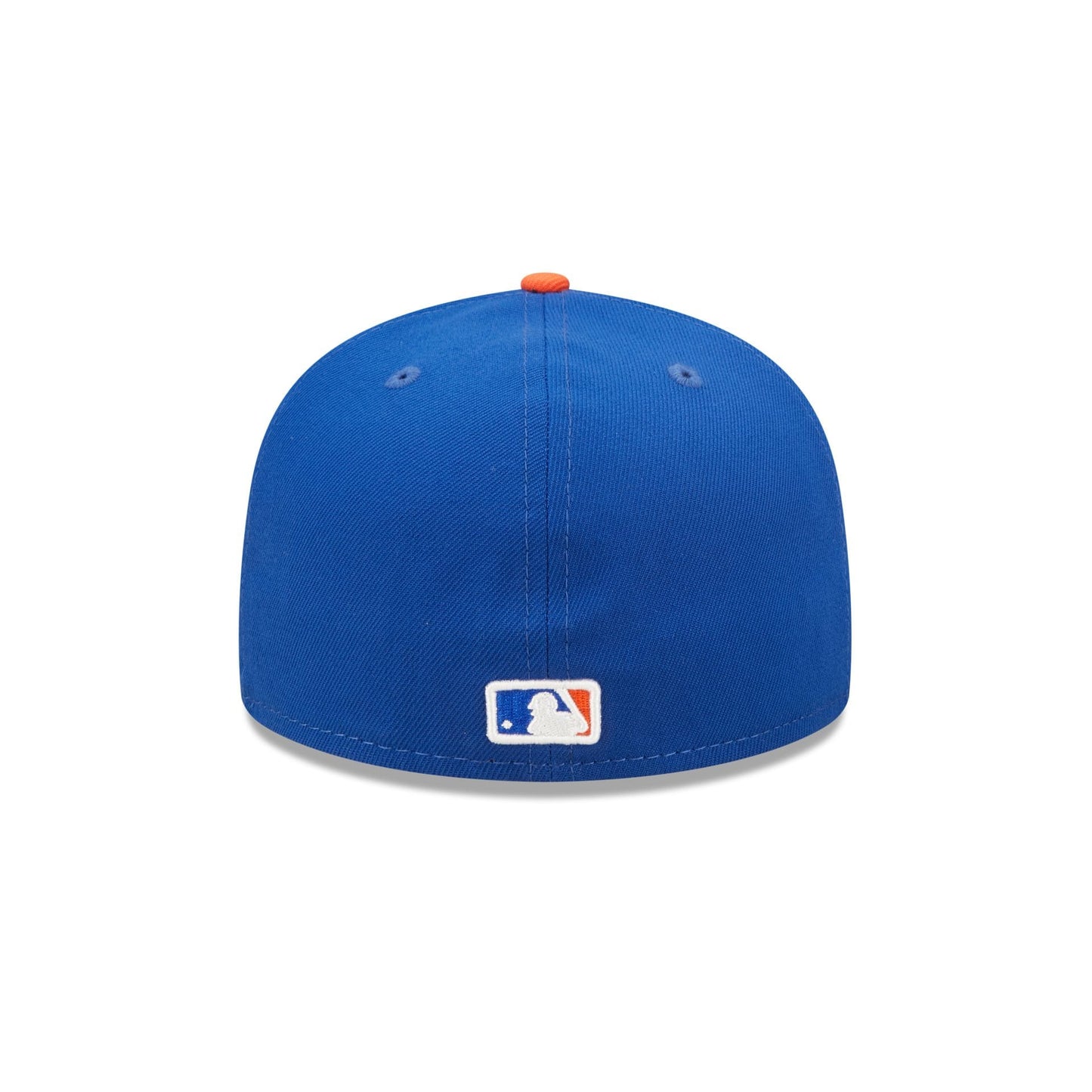New York Mets AC Perf Blue New Era 59FIFTY Fitted Cap, rear view showing the embroidered MLB Batterman logo at the centre of the back panels, set low on the structured blue crown with an orange top button.