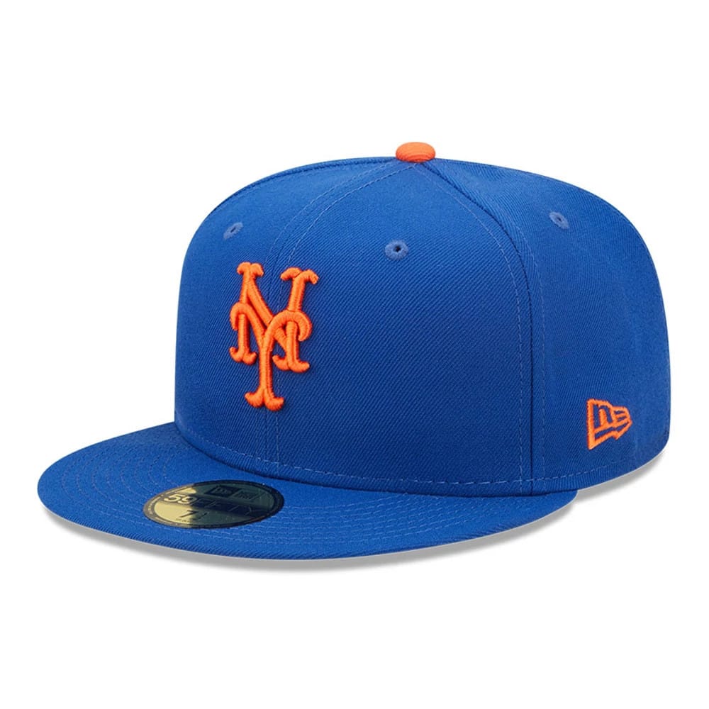 New York Mets AC Perf Blue New Era 59FIFTY Fitted Cap, three-quarter view showing the orange embroidered Mets logo on the front panel, blue visor with gold 59FIFTY size sticker, and orange New Era flag logo on the left side.