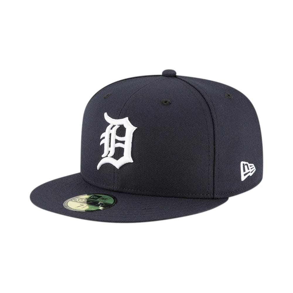 Detroit Tigers Authentic On Field Home Navy New Era 59FIFTY Cap, three-quarter view showing the white raised embroidered D logo on the front panel with a New Era flag logo on the left side and a gold 59FIFTY size sticker on the navy visor.