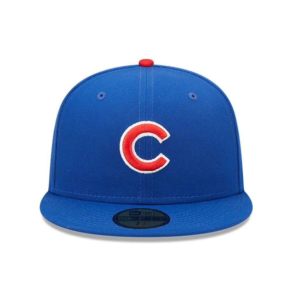 Chicago Cubs Authentic On Field Game Blue New Era 59FIFTY Cap, front view showing the raised red and white embroidered C logo on the blue front panel, with a matching top button and a gold 59FIFTY size sticker on the visor.