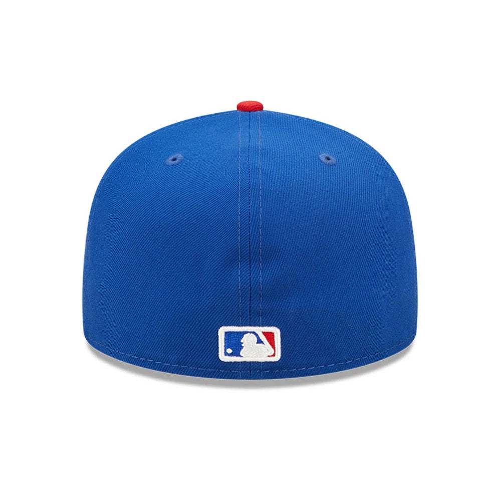 Chicago Cubs Authentic On Field Game Blue New Era 59FIFTY Cap, rear view showing the embroidered MLB Batterman logo in white, blue, and red centred at the back, with a red top button and blue eyelets on the blue crown.