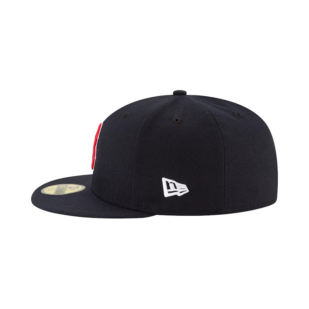 Boston Red Sox Authentic On Field Game Navy New Era 59FIFTY Cap, side view showing the white New Era flag logo on the left side of the structured navy crown with a gold 59FIFTY size sticker on the flat visor.