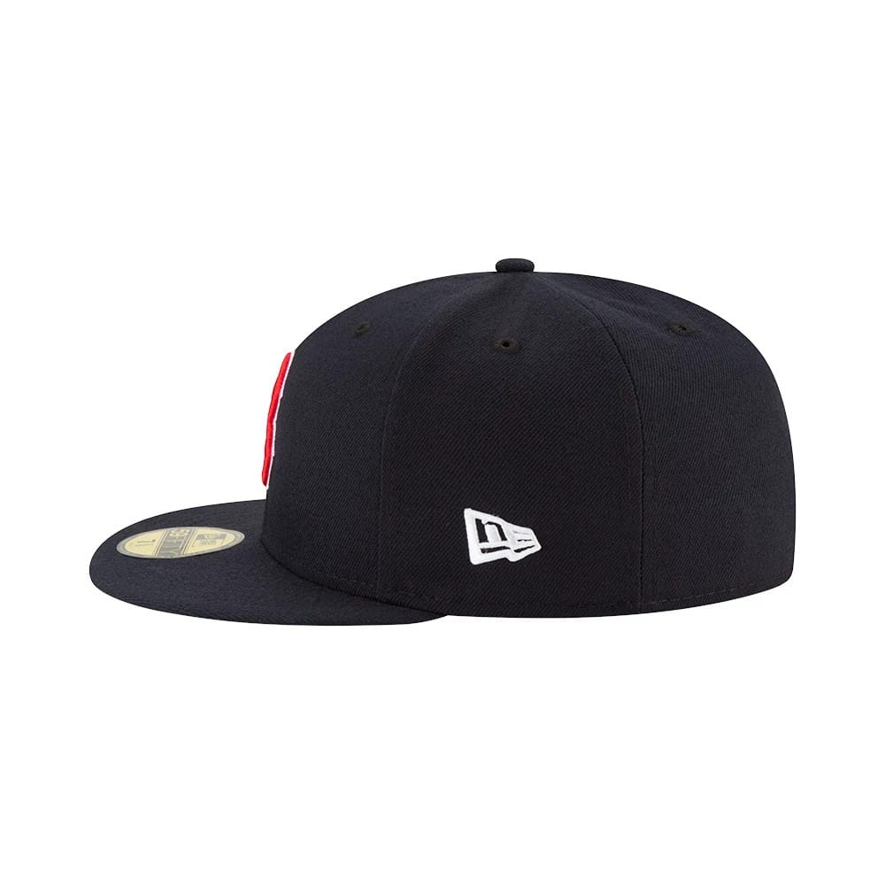 Boston Red Sox Authentic On Field Game Navy New Era 59FIFTY Cap, side view showing the white New Era flag logo on the left side of the structured navy crown with a gold 59FIFTY size sticker on the flat visor.