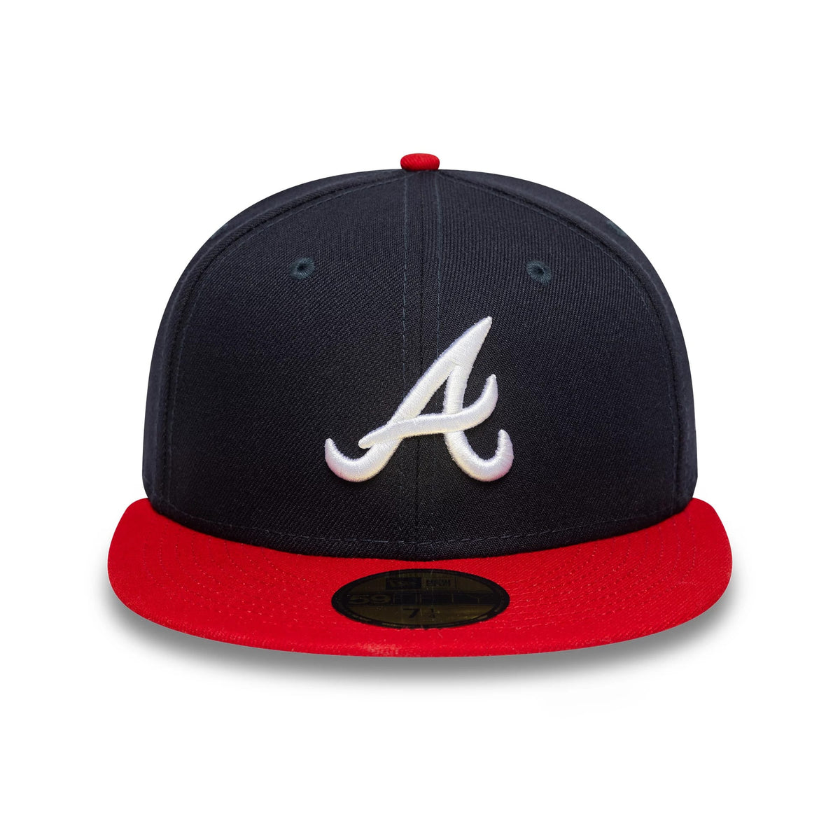Atlanta Braves Authentic On Field Home Navy New Era 59FIFTY Cap, front view showing the raised white embroidered A logo on the navy structured crown, with a red visor and gold 59FIFTY size sticker.