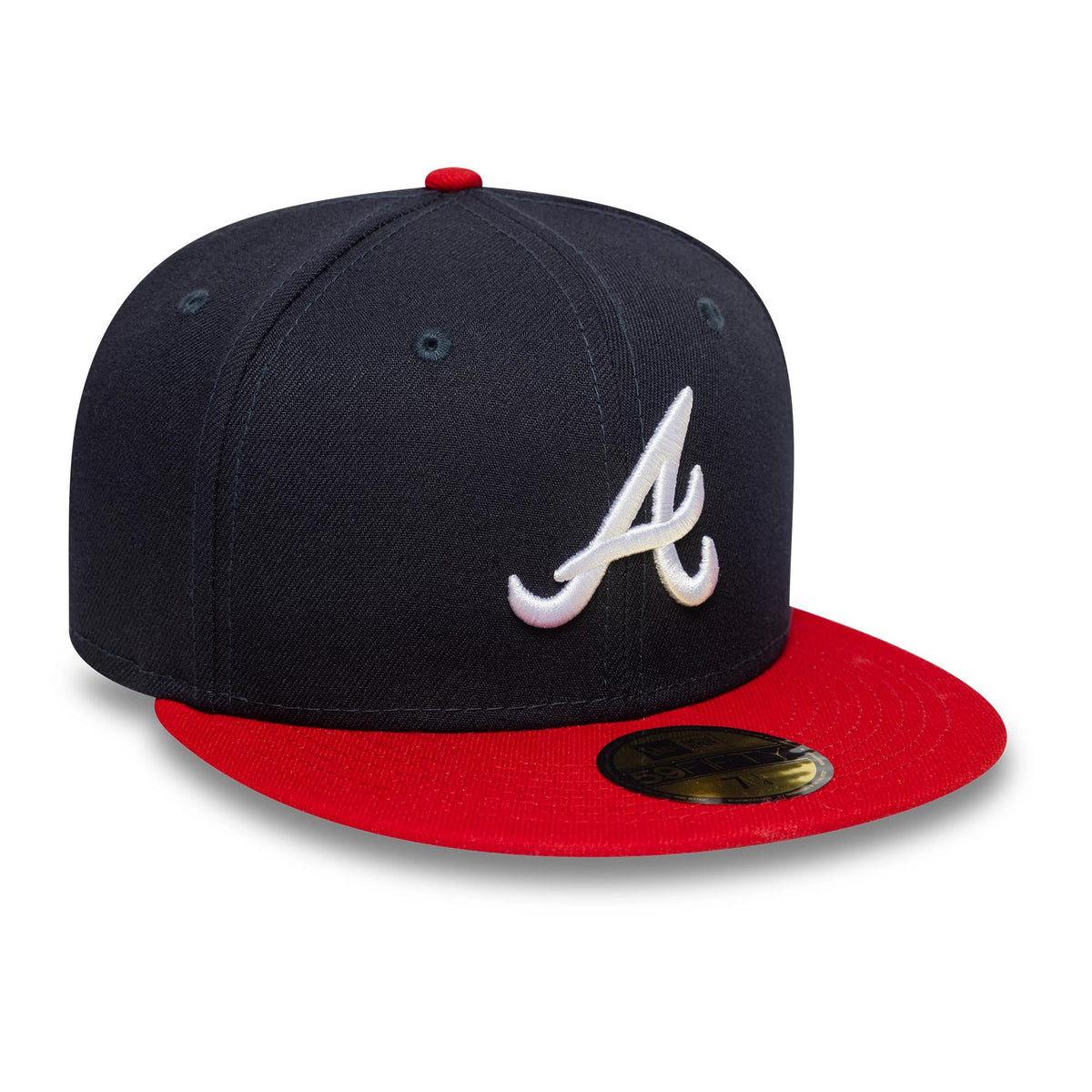 Atlanta Braves Authentic On Field Home Navy New Era 59FIFTY Cap, three-quarter view showing the white raised embroidered A logo on the front panel, red flat visor with a gold 59FIFTY size sticker, and matching top button.