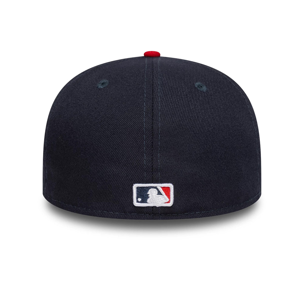 Atlanta Braves Authentic On Field Home Navy New Era 59FIFTY Cap, rear view showing the white embroidered MLB Batterman logo at the centre of the back panels, set low on the structured navy crown with a contrasting red top button.