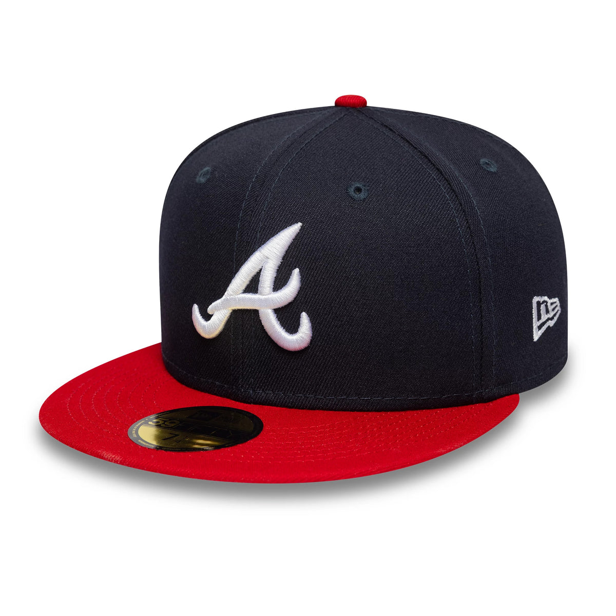 Atlanta Braves Authentic On Field Home Navy New Era 59FIFTY Cap, three-quarter view showing the raised white embroidered A logo on the front panel, red visor with a gold 59FIFTY size sticker, and New Era flag logo on the left side.
