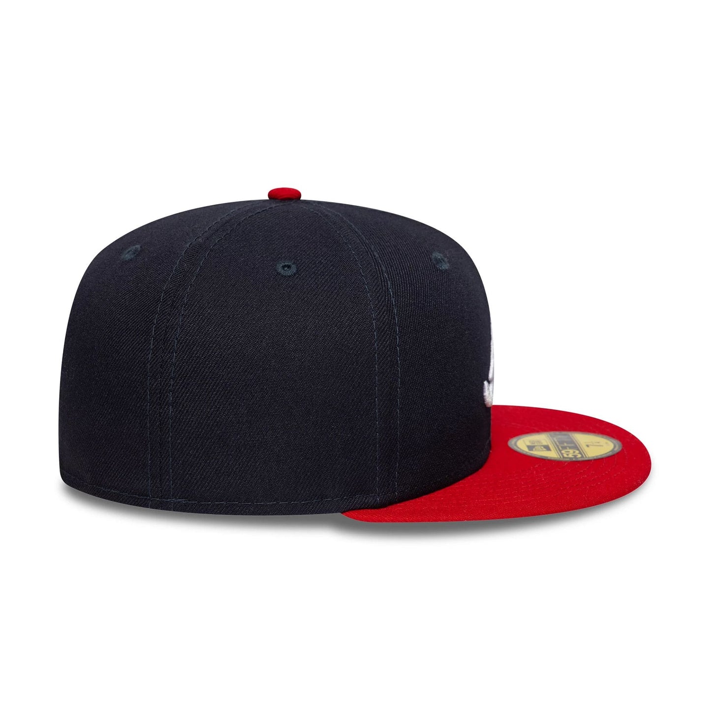 Atlanta Braves Authentic On Field Home Navy New Era 59FIFTY Cap, rear view showing the red top button on the structured navy crown, with a red visor featuring the gold 59FIFTY size sticker placed on top.